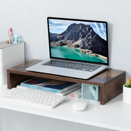 Rustic Brown Wood Monitor Riser Desktop Shelf
