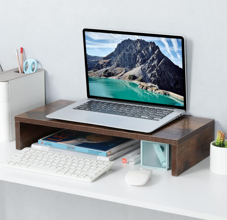Rustic Brown Wood Monitor Riser Desktop Shelf