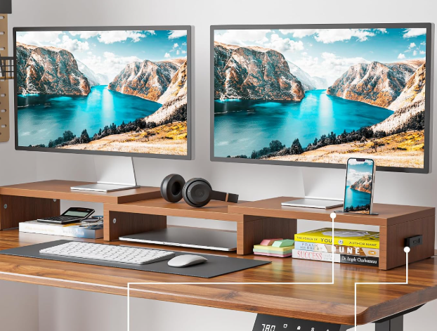 Adjustable Dual Monitor Wood Riser with Flexible Angle