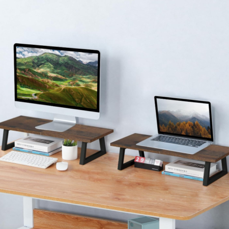 Wood and Steel Monitor Riser for Desktop in Brown