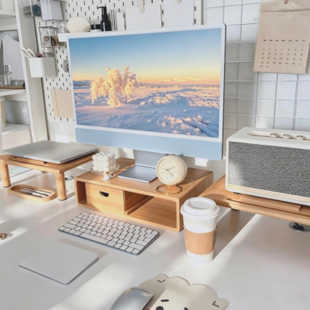 Long Dual Monitor Wood and Steel Riser with Storage Shelf
