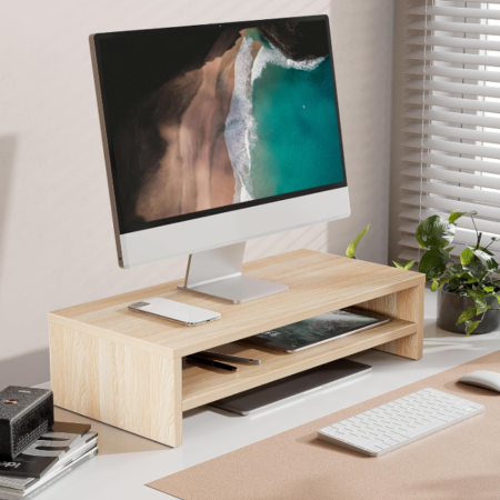 2 Tier Oak Wood Monitor Riser Desktop Shelf