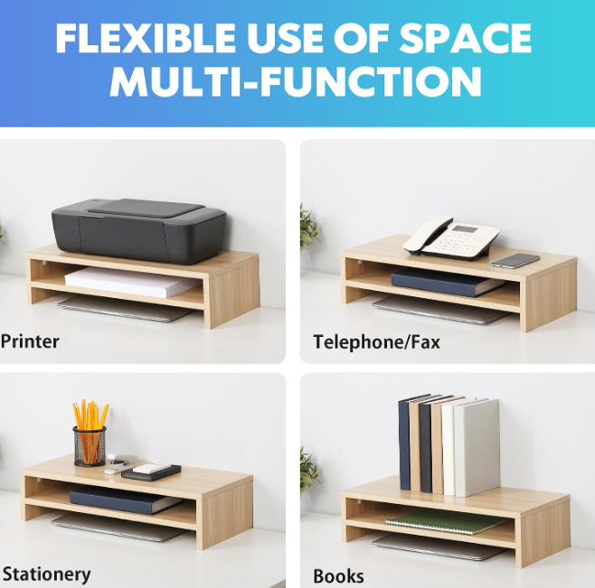 2 Tier Oak Wood Monitor Riser Desktop Shelf - Image 2
