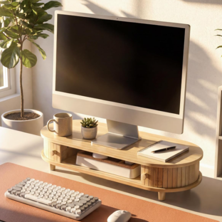 Curved Bamboo Computer Monitor Riser Desktop Shelf