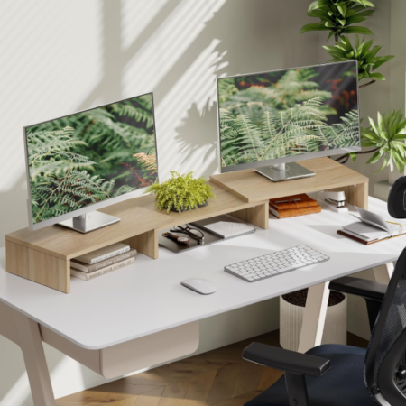 Adjustable Dual Monitor Wood Riser with Flexible Length and Angle