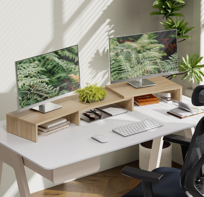 Adjustable Dual Monitor Wood Riser with Flexible Length and Angle