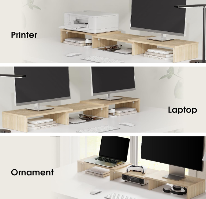 Adjustable Dual Monitor Wood Riser with Flexible Length and Angle - Image 2