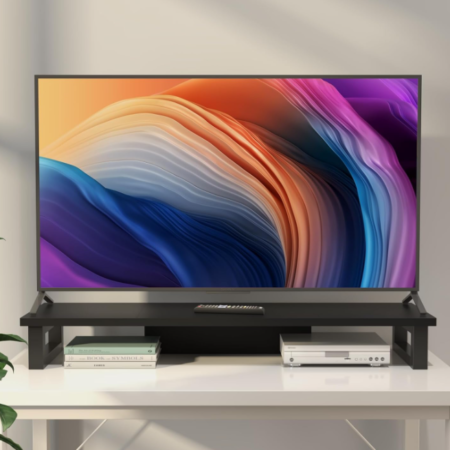 Dual Monitor Wood and Steel Riser with Multi-Purpose Storage Shelf