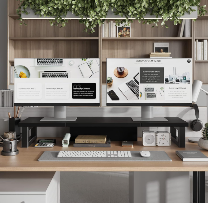 Dual Monitor Wood and Steel Riser with Multi-Purpose Storage Shelf - Image 2