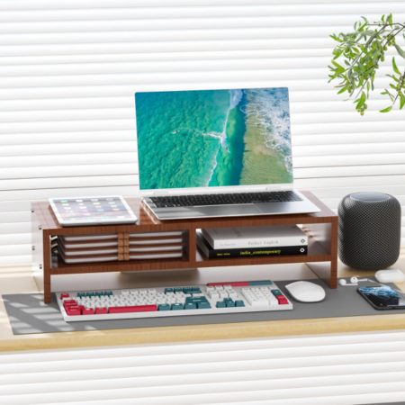Walnut Brown Wood Monitor Riser with Storage