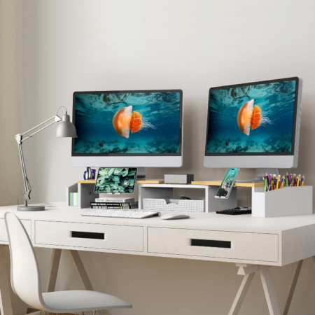 Dual Monitor Wood Riser with Drawer and Oak Finish