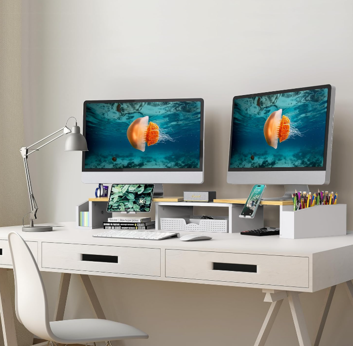 Dual Monitor Wood Riser with Drawer and Oak Finish