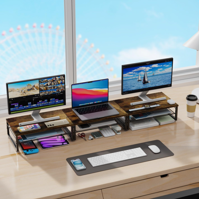 2 Tier Wood Monitor Riser Desktop Organizer - Image 2