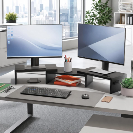 Adjustable Dual Monitor Wood Riser in Black