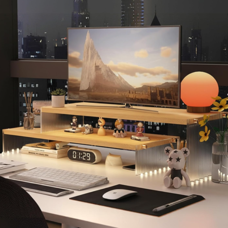 Adjustable Wood Monitor Riser for Dual Screen Desks
