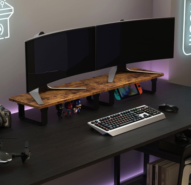 Stable Wood Monitor Riser with Desktop Storage Shelf
