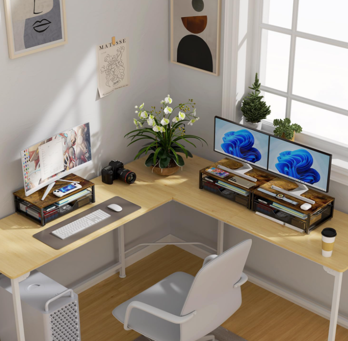 Wood Monitor Riser with Drawer Storage