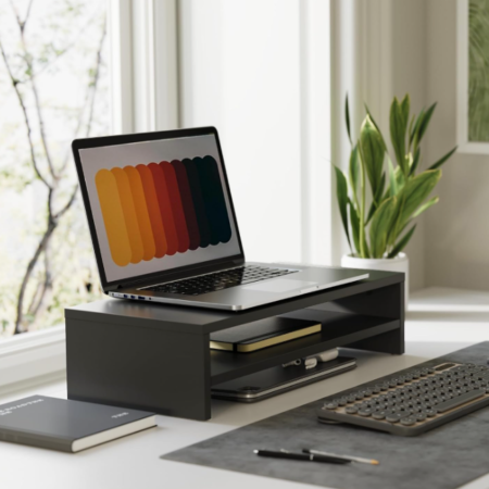 Black Wood Monitor Riser with 2 Tier Storage