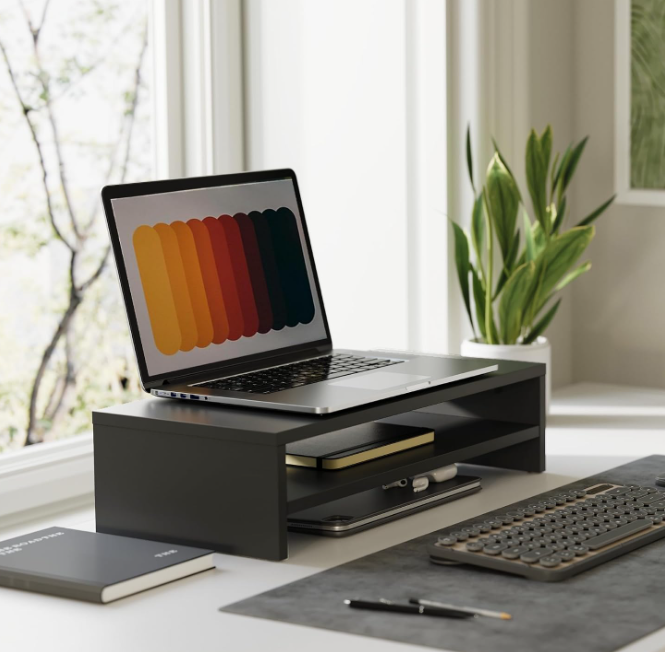 Black Wood Monitor Riser with 2 Tier Storage