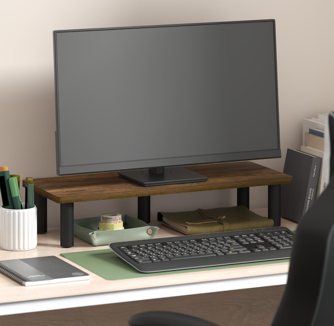 Wide Wood Monitor Riser Desktop Shelf