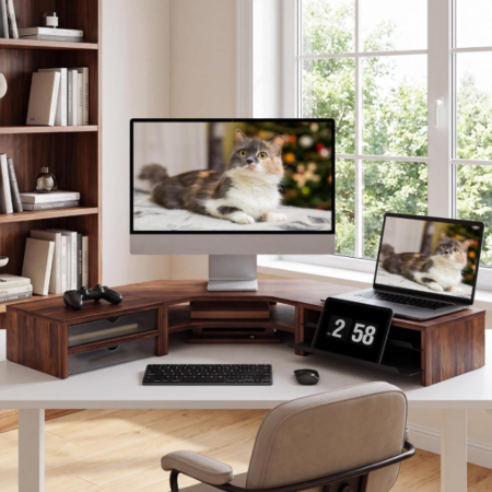 Dual Monitor Wood Riser with Drawer and Slide-Out Tray