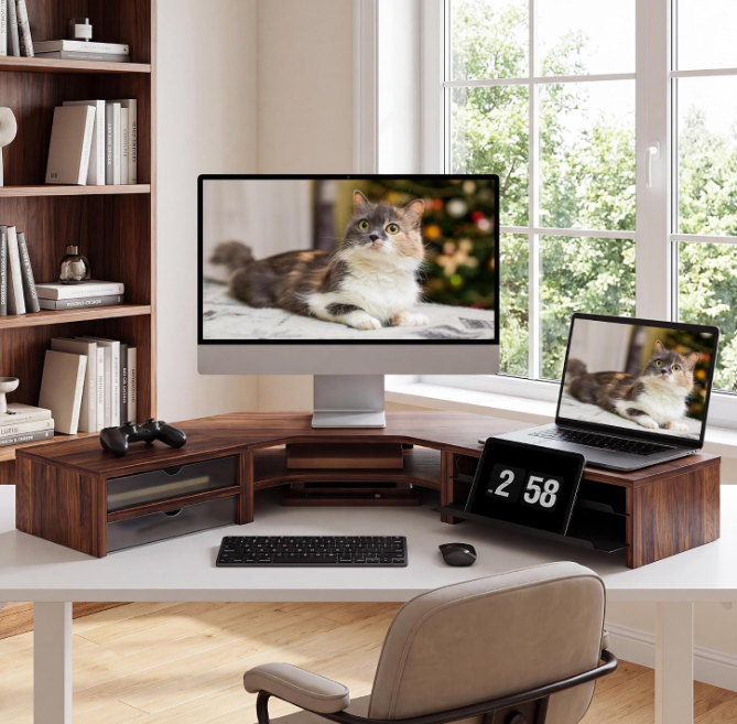 Dual Monitor Wood Riser with Drawer and Slide-Out Tray