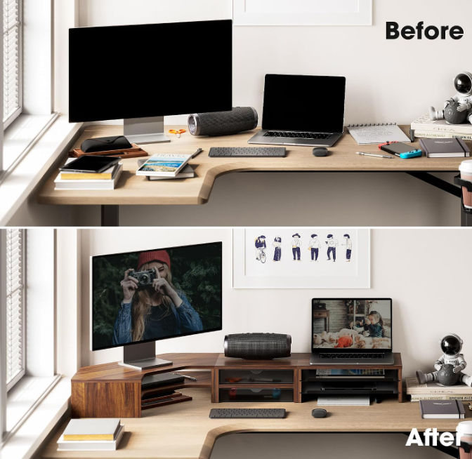 Dual Monitor Wood Riser with Drawer and Slide-Out Tray - Image 2