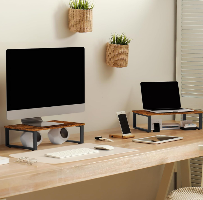 2 Pack Wood Monitor Risers for Dual Screens and Printer