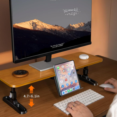 Adjustable Height Wood Monitor Riser with Phone Holder
