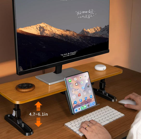 Adjustable Height Wood Monitor Riser with Phone Holder