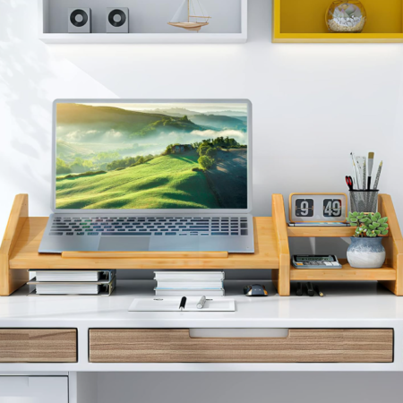 Bamboo Laptop Stand with Storage and Monitor Riser