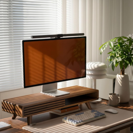 Wood Monitor Riser with Sliding Door and Cable Management