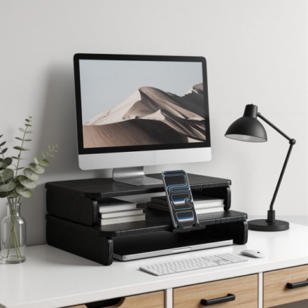 Wood Monitor Riser with Hidden Phone Holder in Black