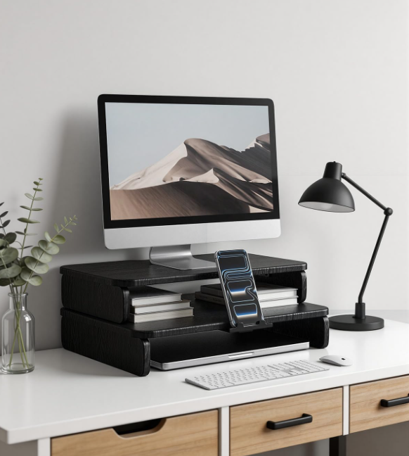 Wood Monitor Riser with Hidden Phone Holder in Black