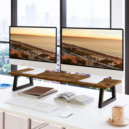 Dual Monitor Wood Riser with Desktop Storage Shelf
