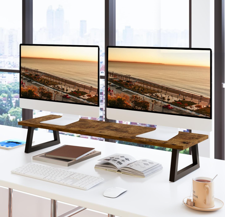 Dual Monitor Wood Riser with Desktop Storage Shelf