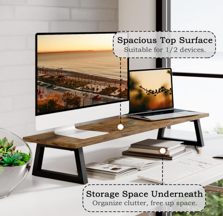 Dual Monitor Wood Riser with Desktop Storage Shelf - Image 2