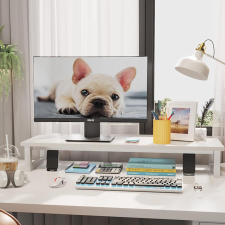 Large Dual Monitor Wood Riser with Storage Shelf