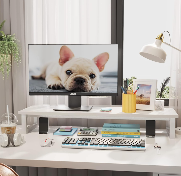 Large Dual Monitor Wood Riser with Storage Shelf