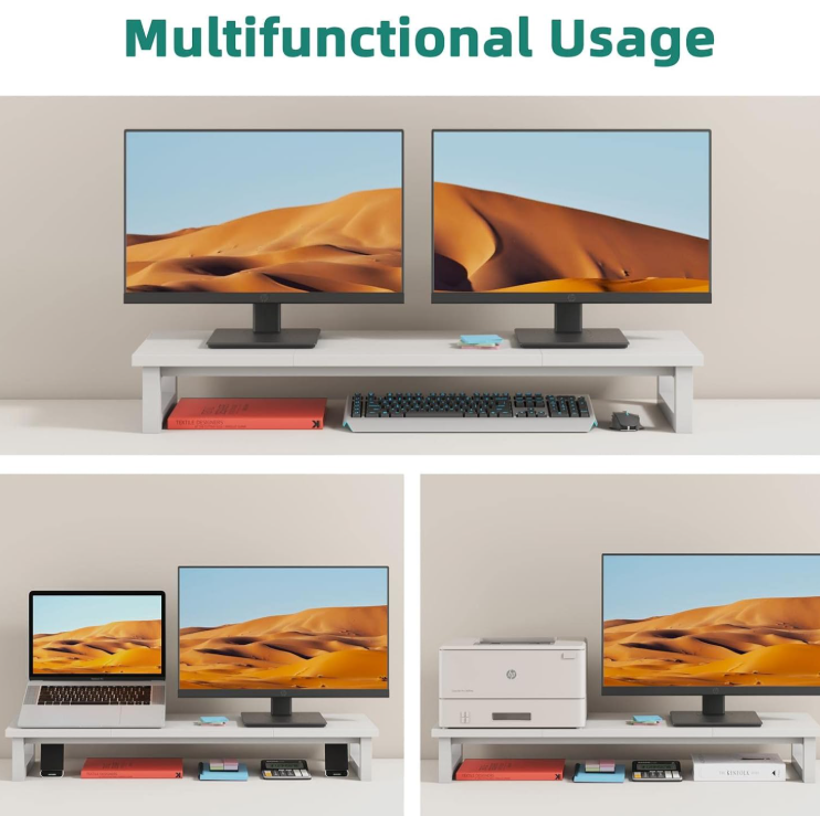 Large Dual Monitor Wood Riser with Storage Shelf - Image 2